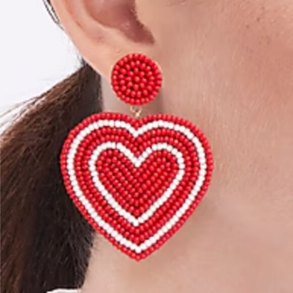 NWT Beaded Red & White Heart Statement Earrings - Picture 3 of 6